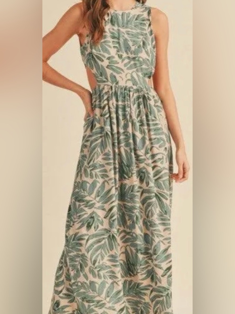 Miou Muse Fern Tropical Leaf Cutout Open Back Maxi Dress Sizs Large